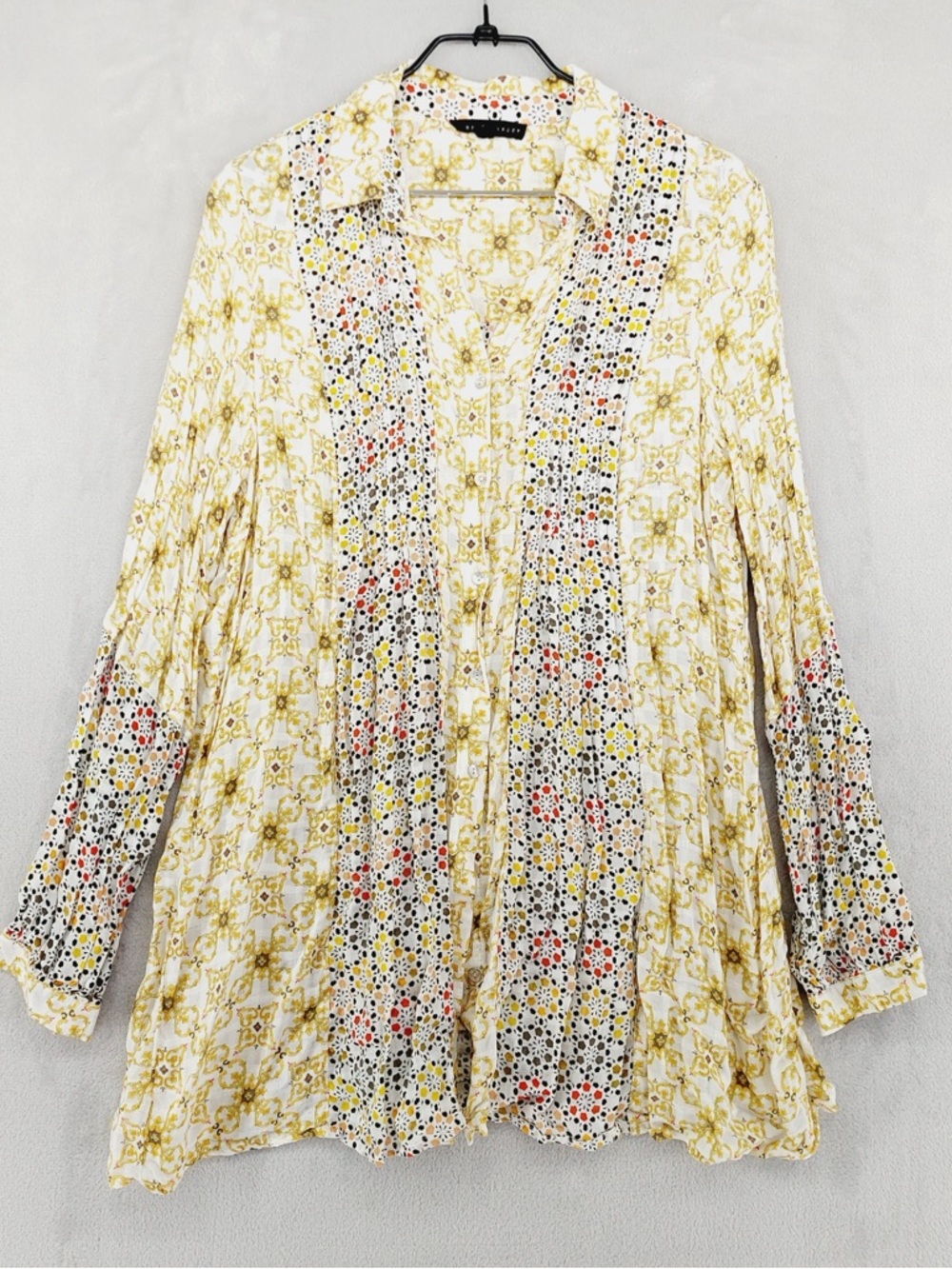 Jane and Delancey Blouse Women XL White Yellow Mixed Print Pintuck Shirt P4043 - Picture 2 of 10